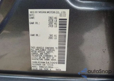 2022 Nissan Altima Sr Fwd z USA, uszkodzony, nr VIN 1N4BL4CVXNN347009